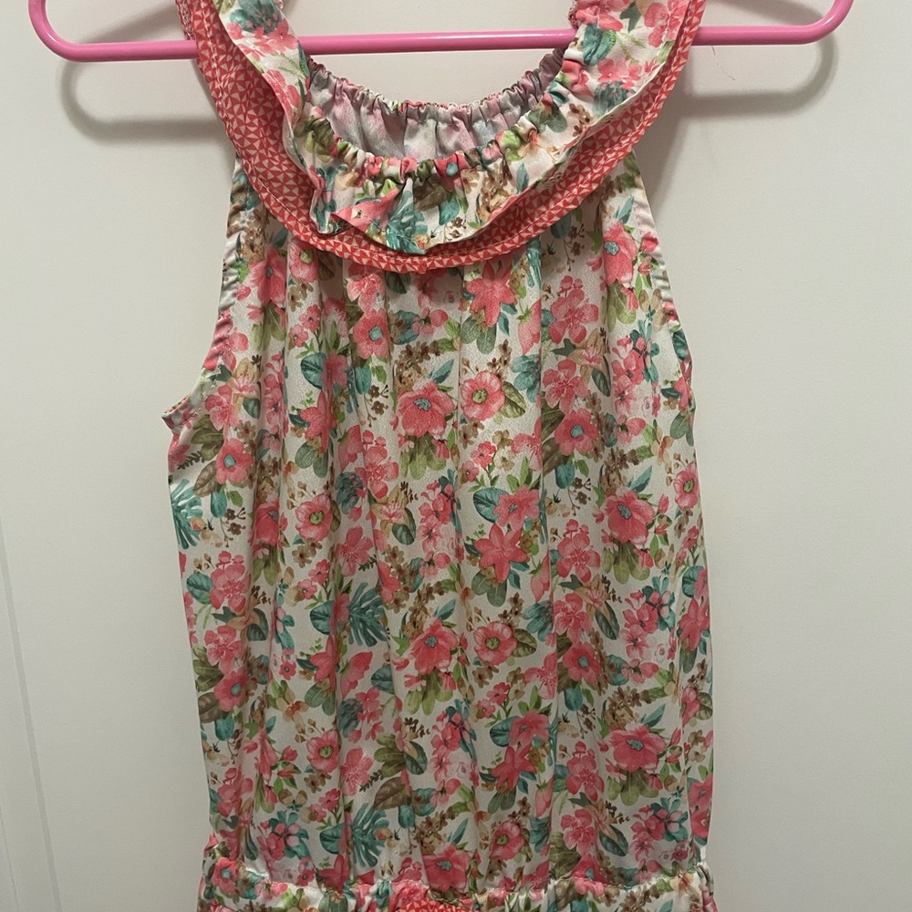 Girls size 6 Mayoral pink floral jumpsuit with pockets.  100% polyester.
